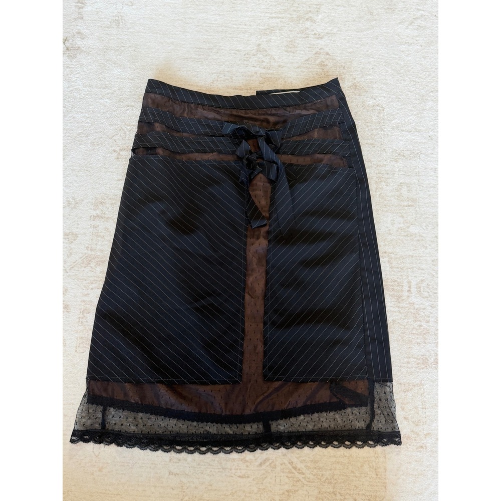 Central Falls Pinstripe Mesh Lace Trim Midi Skirt Black Brown Whimsy Goth Y2K